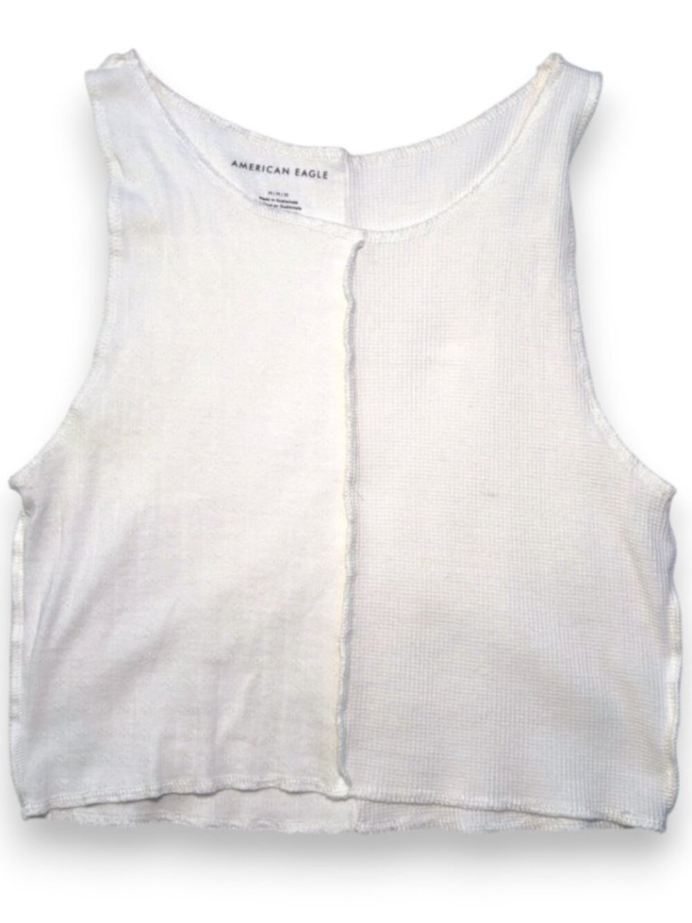 American Eagle White Crop Tank Top Eyelet Waffle Knit Medium Cottagecore Raw Hem